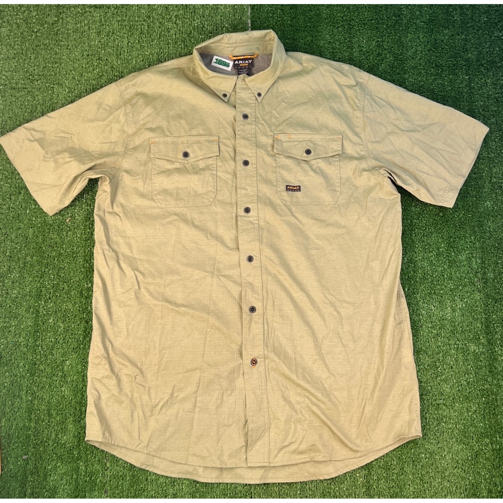 Ariat Rebar Mens Large Tan Ripstop Short Sleeve Button Up Work Shirt Mesh Lined